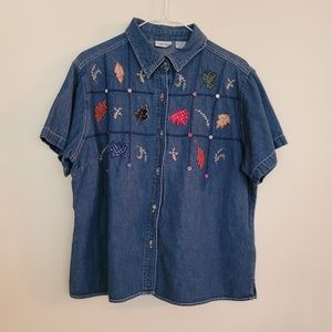 Vintage Denim Fall Leaves Button Down Shirt PXL